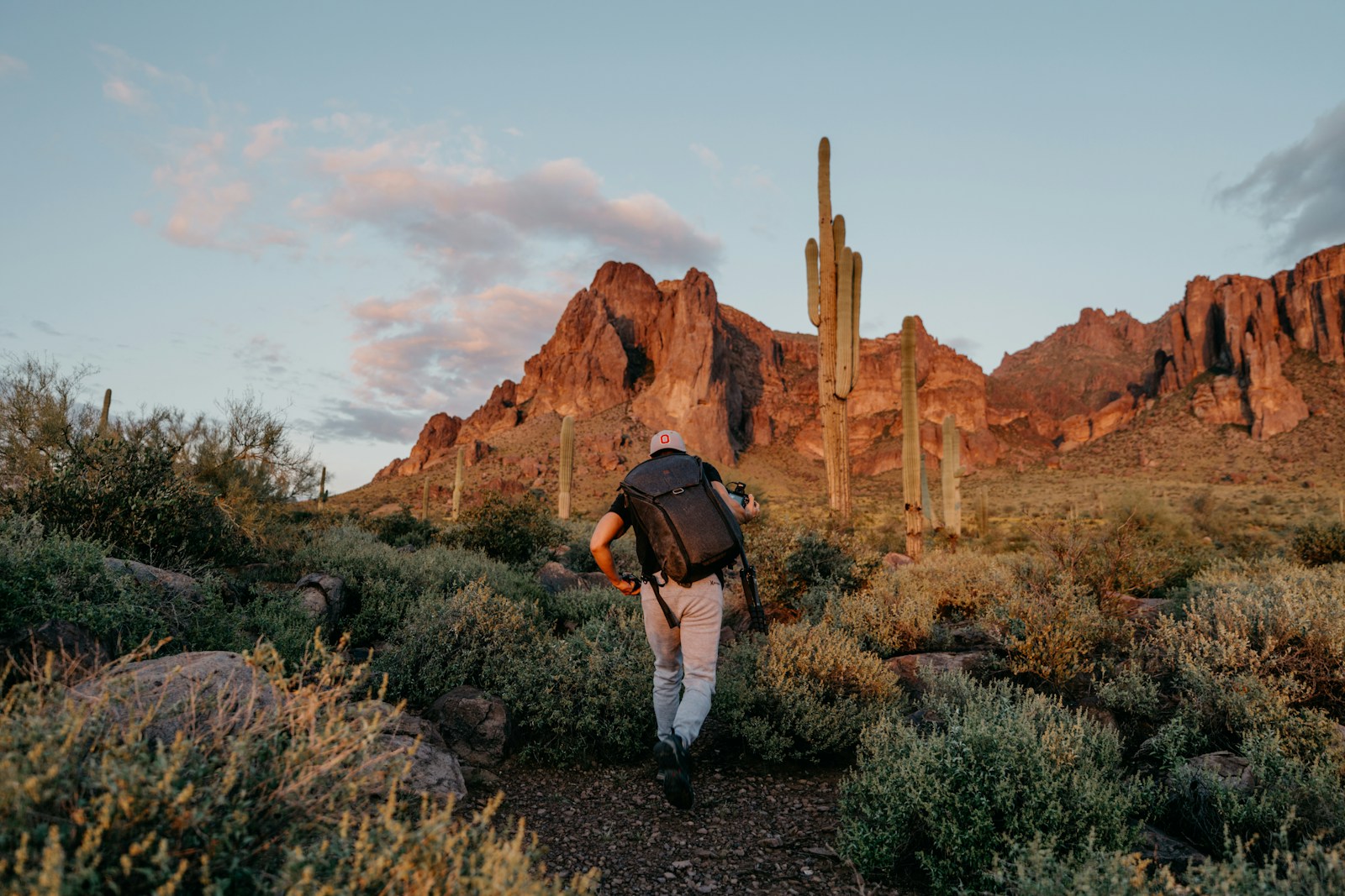 A hiker climbs a desert trail towards mountains.